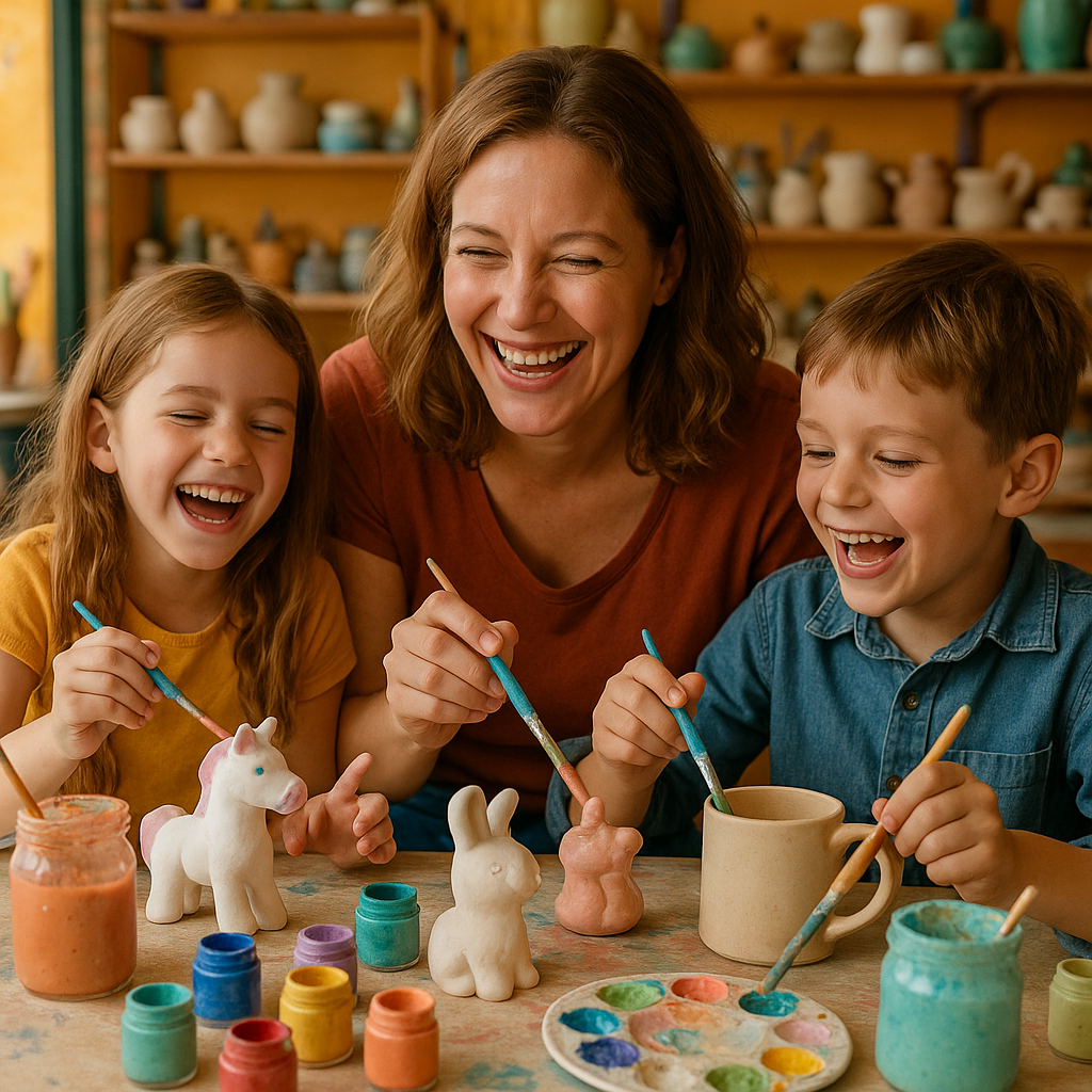 Family painting pottery together
