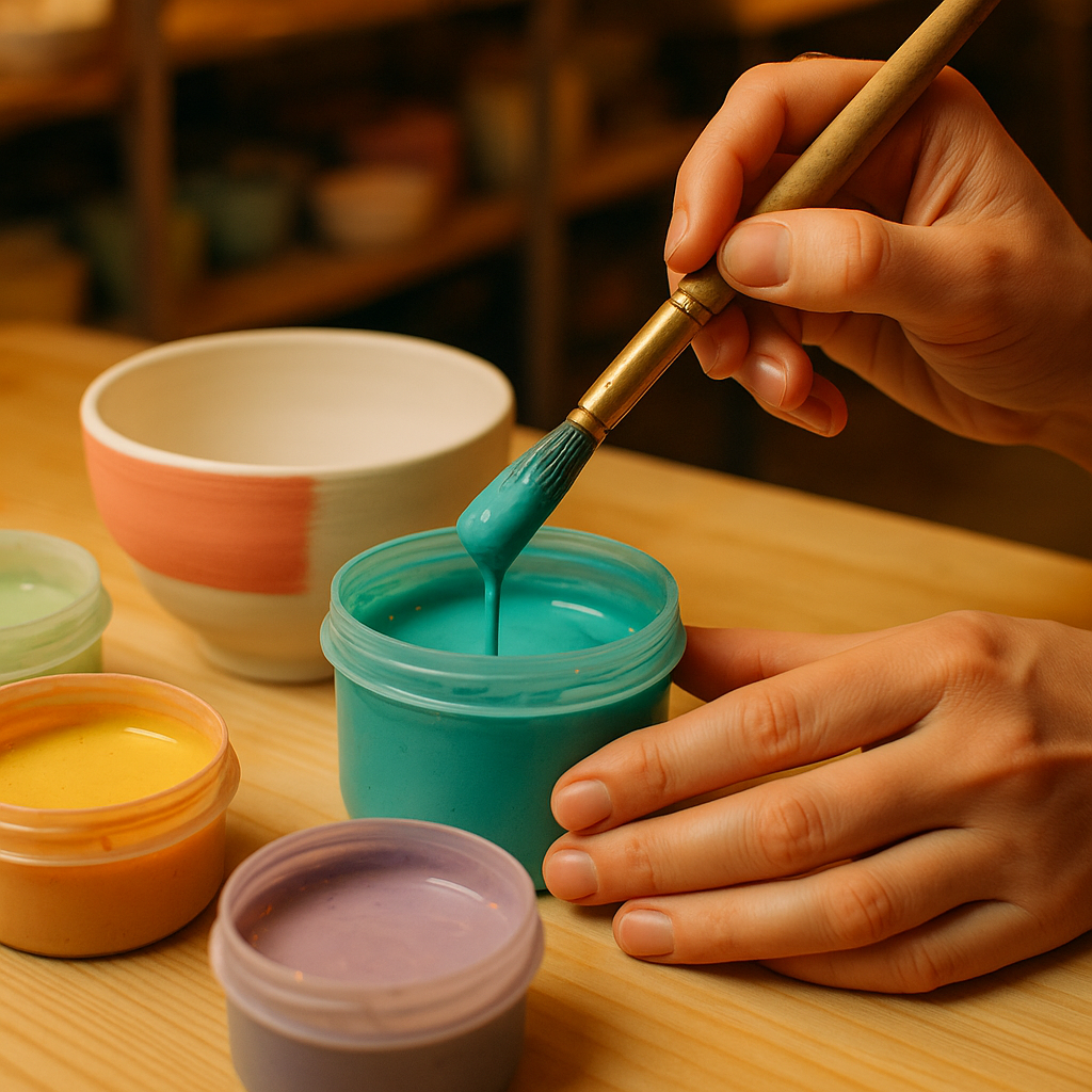 Hands painting with colorful glazes